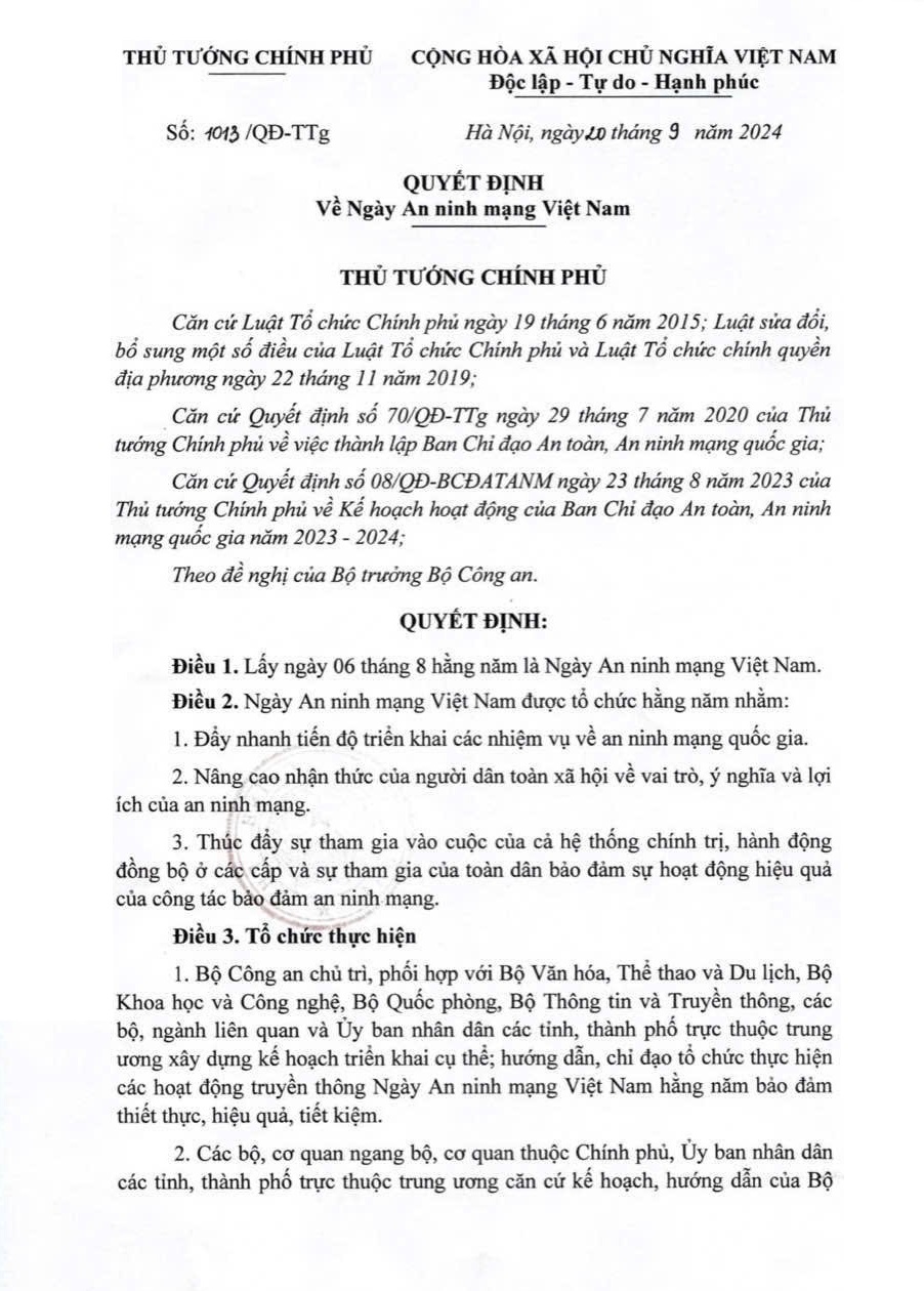 Ngày 06 tháng 8 hằng năm là ngày An ninh mạng Việt Nam