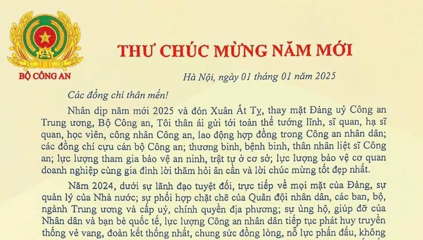 Thư Chúc mừng năm mới 2025 của Bộ trưởng Bộ Công an