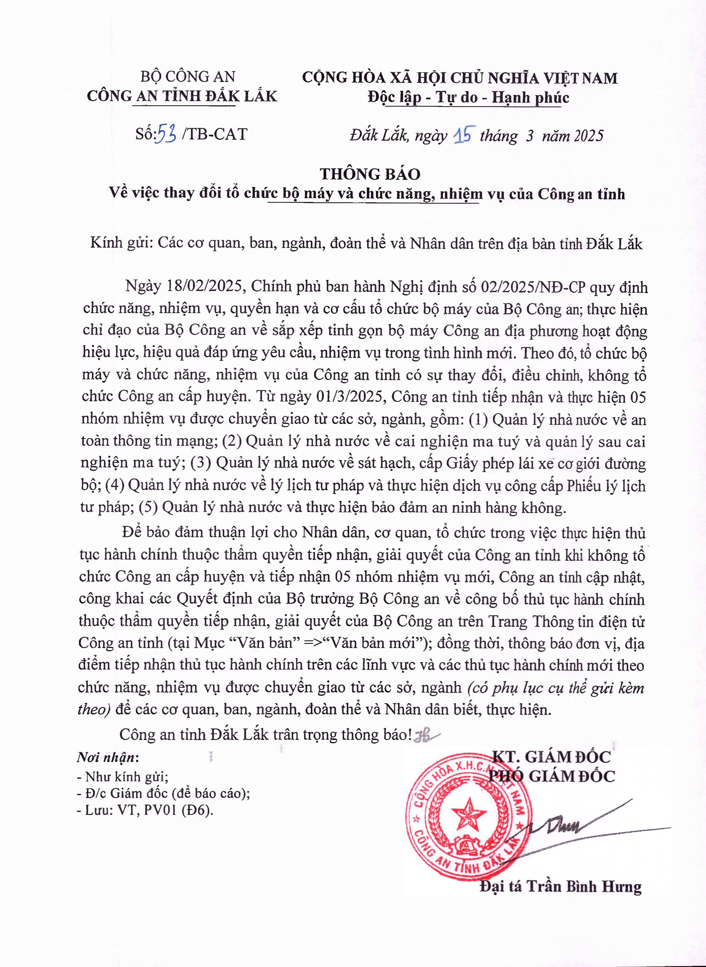 Thông báo về việc thay đổi mô hình tổ chức bộ máy và chức năng, nhiệm vụ của Công an tỉnh