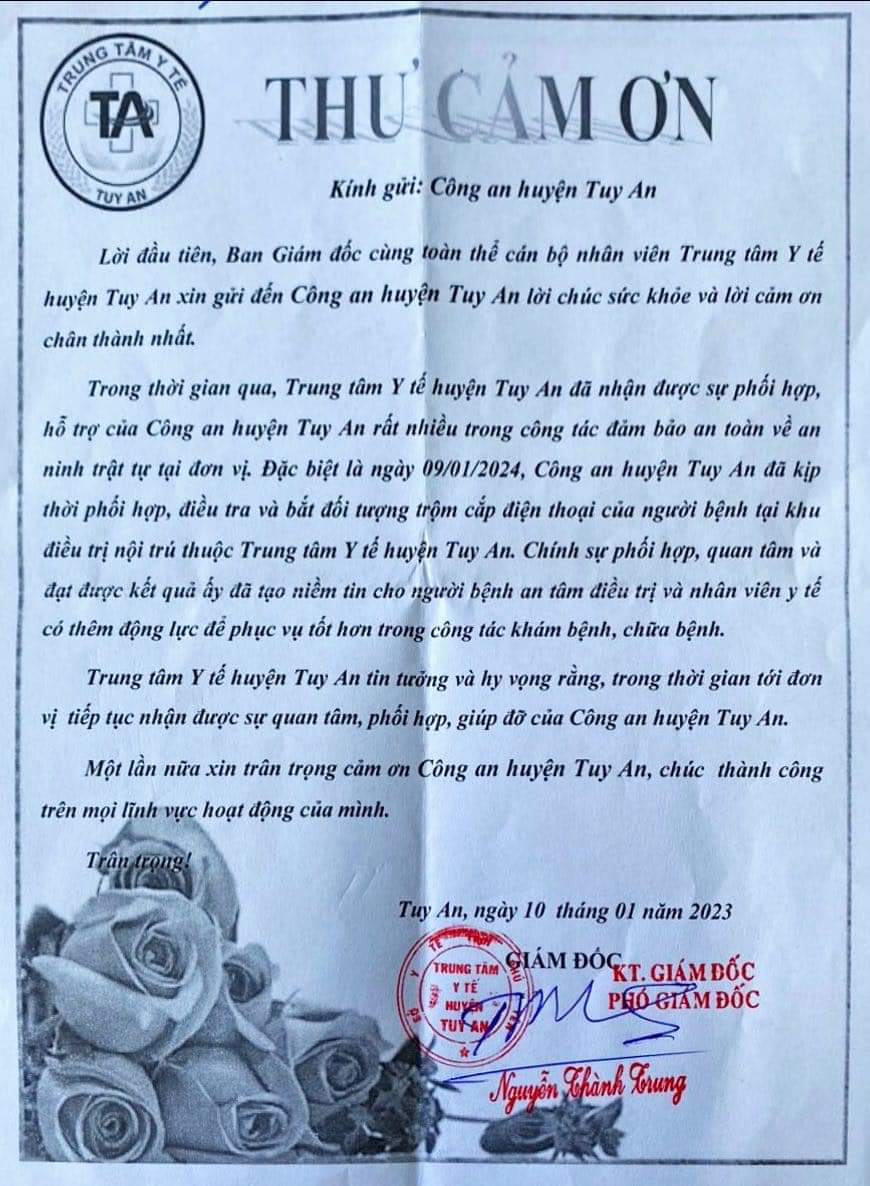 Thư cảm ơn của BV huyện Tuy An