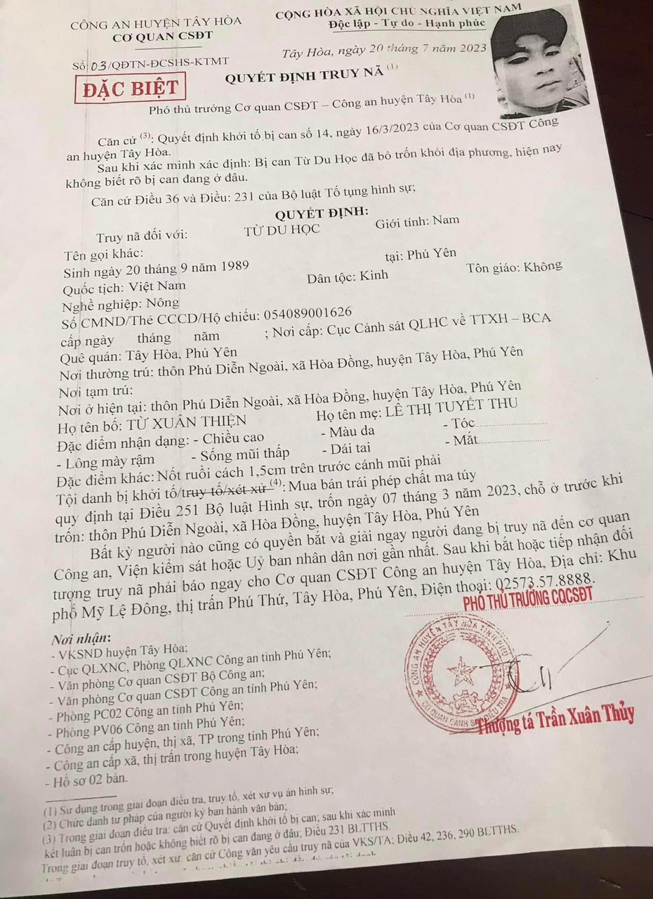 3 Quyết định truy nã đặc biệt nguy hiểm Từ Du Học