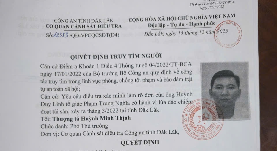 Thông báo truy tìm đối tượng phục vụ công tác điều tra